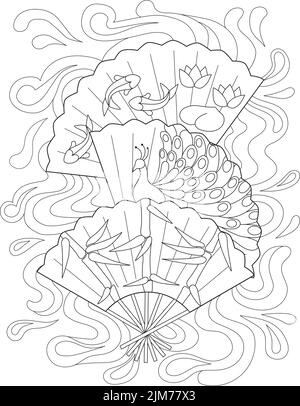Malbuch Seite Mit Drei Hand Fans Mit Verschiedenen Designs. Das Blatt Ist Mit Schwimmfischen, Pfauen Und Lotus-Dekorationen Zu Färben. Klappventilator Stock Vektor