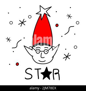 Frohe Weihnachten Avatare Kopf Elf oder gnome und Schriftzug STERN. Die Xmas schwarz und rot Vektor Illustration in Doodle Art Stil. Trendige handgezeichnete Symbole. Stock Vektor