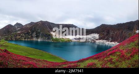 Schöner Panoramablick auf den See mit roten Blumen und Schnee Berge, schönes Panorama von ratti gal See in Kaschmir Stockfoto