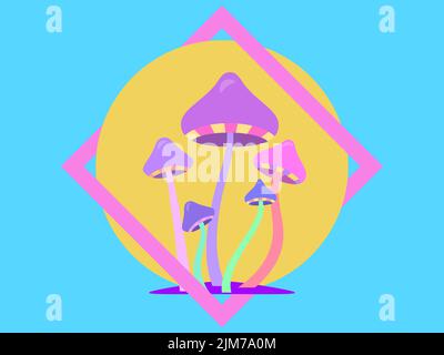 Futuristische Pilze im Stil des 80s. Rahmen um die Sonne. Halluzinogene Pilze, Acid Trip. Synthwave-Stil. Design für Plakate, Banner Stock Vektor