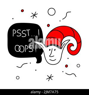 Frohe Weihnachten Avatare Kopf Elf oder gnome und Schriftzug PSSST. HOPPLA. Die Xmas schwarz und rot Vektor Illustration in Doodle Art Stil. Modisch von Hand gezeichnet Stock Vektor