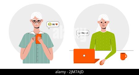 Alte Menschen verwenden Dating-Apps, soziale Medien. Nette ältere männliche und weibliche Charaktere benutzen Handy und Laptop. Landing Page-Vorlage, Webbanner. Cu Stock Vektor
