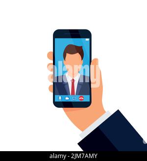 Person, die einen Videoanruf oder eine Online-Konferenz führt, Smartphone-Schnittstelle. 3D Vektorsymbol. Minimalistischer Cartoon-Stil. Video-Chat-Benutzeroberfläche, Video Stock Vektor