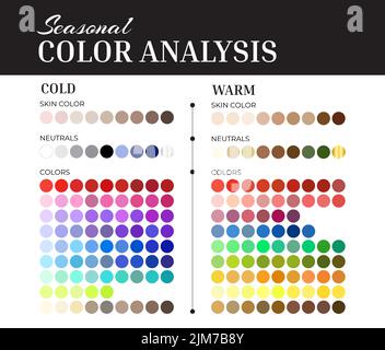 Saisonale Farbanalyse-Palette mit kalten und warmen Farbfeldern für Hautfarben, neutrale Farben, Schattierungen, Gold und Silber Stock Vektor