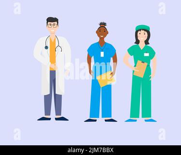 Verschiedene internationale Ärzte und Krankenschwestern. Vektordarstellung zu einem medizinischen Thema. Stock Vektor
