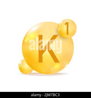 Goldenes Vitamin K1-Symbol. Kapsel mit Vitamintropfen. Stock Vektor