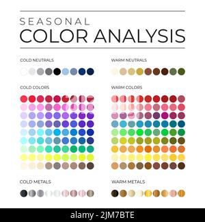 Saisonale Farbanalyse-Palette mit kalten und warmen Farbfeldern für neutrale, metallische und Farbtöne Stock Vektor