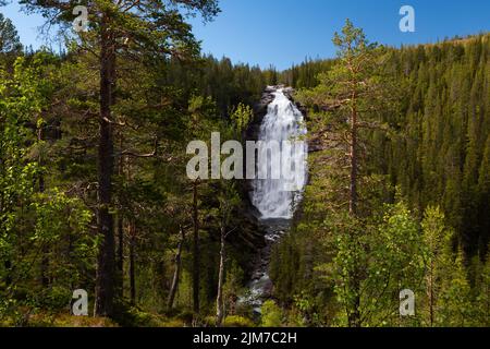 Henfallet Wasserfall in Tydal Berge im Sommer Look. Große und hohe Wasserfälle im borealen Wald Norwegens. Stockfoto