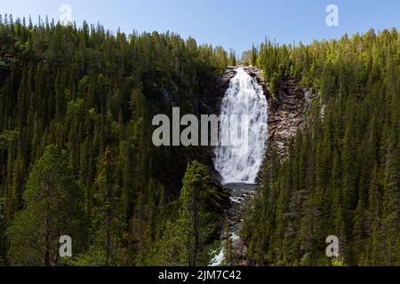 Henfallet Wasserfall in Tydal Berge im Sommer Look. Große und hohe Wasserfälle im borealen Wald Norwegens. Stockfoto