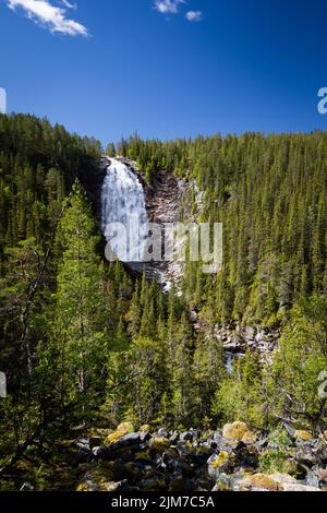 Henfallet Wasserfall in Tydal Berge im Sommer Look. Große und hohe Wasserfälle im borealen Wald Norwegens. Stockfoto