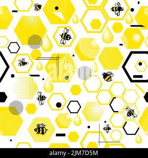 Gelb Waben mit nahtlosem Muster. Niedliche Bienen Hintergrund. Vektorgrafik Stock Vektor
