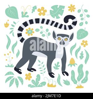 Niedliche lustige Ringschwanz Lemur und tropische Pflanze. Madagaskar exotische Lemur catta. Vektor-Illustration in flach und Cartoon-Stil Stock Vektor