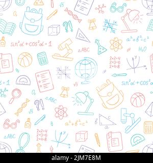 Schule bunte nahtlose Muster in Doodle-Stil auf weißem Hintergrund. Vektor Stock Vektor