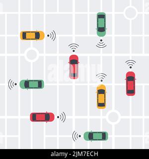 Fahrerloses Smart Car, autonomes Fahrzeug, Auto mit Autopilot mit drahtlosen Wellen und Stadtkartenhintergrund. Draufsicht. Vektorgrafik Stock Vektor
