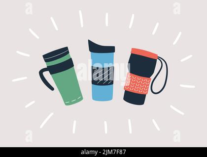 Wiederverwendbare Tassen, Thermobecher und Becher mit Deckel zum Mitnehmen von heißem Kaffee oder Tee. Handgezeichnetes Objekt. Vektor Stock Vektor