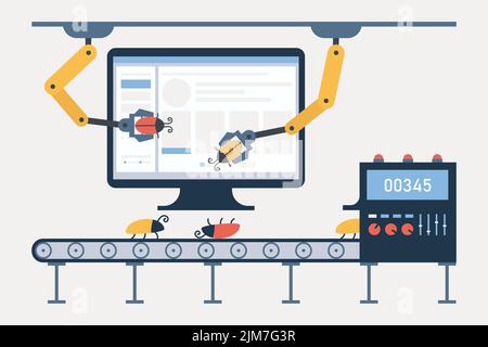 Automatisiertes Testen, von der Automobilindustrie durchgeführter Test, Software-Auto-Tester-Konzept. Vektorgrafik Stock Vektor