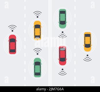 Fahrerloses Smart Car, autonomes Fahrzeug, Auto mit Autopilot mit drahtlosen Wellen und Straßenhintergrund. Draufsicht. Vektorgrafik Stock Vektor