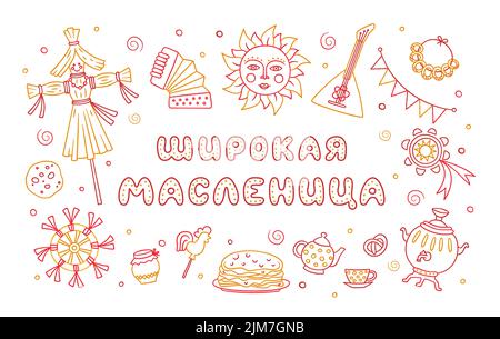 Maslenitsa oder Fasching. Schriftzug breit Pfannkuchen Woche. Text auf Russisch. Vektorgrafik auf Doodle-Stil Stock Vektor