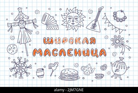 Maslenitsa oder Fasching. Schriftzug breit Pfannkuchen Woche. Kyrillischer Text im Notizbuch in einem Käfig. Vektorgrafik auf Doodle-Stil Stock Vektor