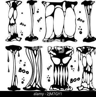 Ein Set zum Arbeiten mit Blobs. Gezeichnete Elemente im Doodle-Stil. Schwarze Schleimspritzer, sich dehnender Schleim, giftig tropfender Schleim. Schleimspritzer und Tröpfchen Stock Vektor