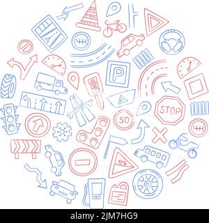 Satz von Autos, Straßenobjekte, Verkehrszeichen und Automobilsymbole. Vektorgrafik im Doodle-Stil Stock Vektor