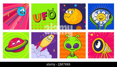 Retro Aufkleber Raum Thema UFO in einem Quadrat. Planeten, Aliens, Raumschiff, Hippie-Kamille, Satellit. Vektorgrafik im Cartoon-Stil Stock Vektor