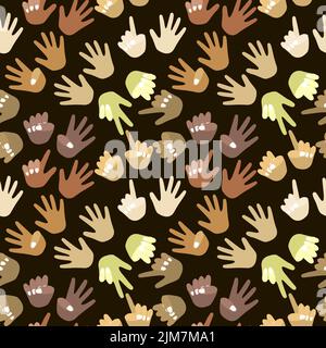 Nahtloses Muster von Handflächen verschiedener Rassen, verschiedene Farben. Für Mental Mathe School, Mathe-Kurs, kreative Kinder. Fingerzählen. Mathe. Modern Stock Vektor