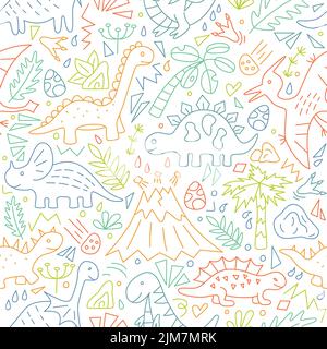 Niedliche Doodle Dinosaurier. Dino farbenfroh Nahtloses Muster. Handgezeichnete Vektorgrafik Stock Vektor