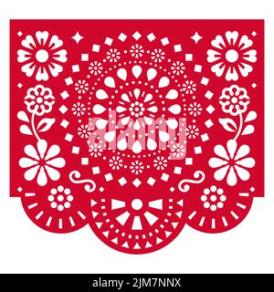 Papel Picado Vektor-Design mit geometrischen Mandala und Blumen, mexikanische Ausschnittpapier Girlande Dekoration in rot auf weißem Hintergrund Stock Vektor