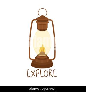 Kerosin-Lampe, brennender Griff Camping Licht in Cartoon-Stil isoliert auf weißem Hintergrund. Textexplore. Vektorgrafik Stock Vektor