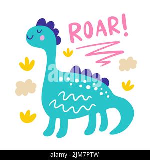 Niedlicher Dinosaurier-Druck, handgezeichnete Dino-Kinderzeichnung Stock Vektor