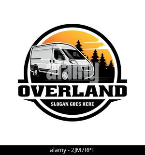 Wohnmobil-Campingwagen mit Berg- und Kiefernwald, am besten zur Illustration und Logo. Stock Vektor