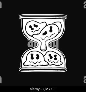 Lustige Schmelze Lächeln Gesicht in Sanduhr. Vektor Hand gezeichnet Doodle 90s Stil Cartoon Figur Illustration. Trippiges Lächeln, Sanduhr-Druck für T-Shirt, Poster, Karte, Patch, Logo concepе Stock Vektor