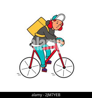 Der Mann mit der Lebensmittelzustellung fährt ein Fahrrad. Vektor trendy Doodle Cartoon Stil Figur Illustration Symbol. Trendige Mode Lieferung Jungen Logo. Isoliert auf weißem Hintergrund Stock Vektor