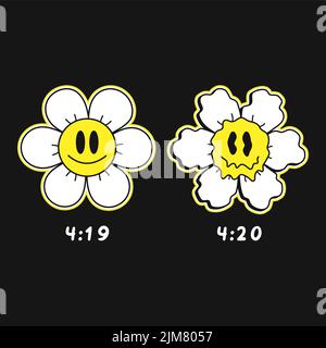 Lustige tripy Schmelz Lächeln Blumengesicht. 4:20 Marihuana Emoji, Unkraut, Cannabis-Print-Poster, T-Shirt, Aufkleber Art. Vektor gezeichnet Cartoon Figur Illustration 420 T-Shirt, T-Shirt, Poster Grafik tripy Cartoon Art Stock Vektor