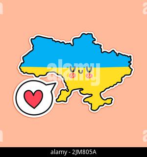 Nette glückliche lustige Ukraine Karte und Flagge Charakter mit Herz in Sprechblase. Vektor flache Linie Cartoon kawaii Figur Illustration Symbol. Ukraine-Konzept Stock Vektor