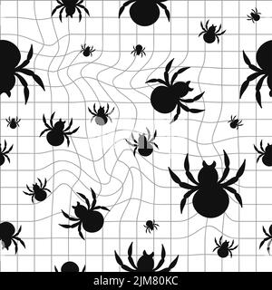 Schwarz-weiß verzerrtes Gitter, Spinnen nahtloses Muster. Vektorgrafik. Verformen Warp Grid, Verzerrung, Techno, Spinne nahtlose Muster Tapete Konzept Stock Vektor