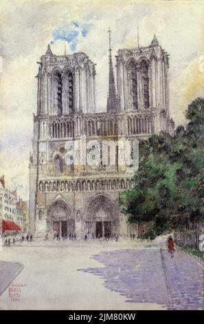 Aquarell-Gemälde der Kathedrale Notre Dame in Paris, Frankreich ca. 1933 von Cass Gilbert (1858-1934) Stockfoto