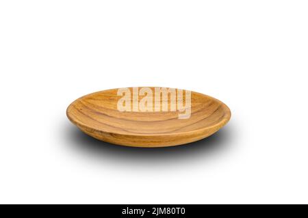 Leere runde Holzplatte Schüssel Tasse isoliert auf weißem Hintergrund mit Clipping Pfad. Stockfoto