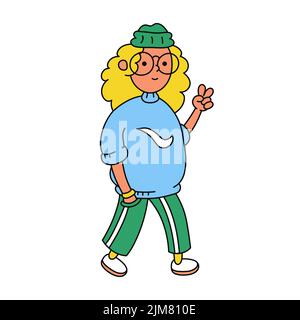 Lustige Hipster Mädchen gehen. Vektor trendy Doodle Cartoon Stil Figur Illustration Symbol. Isoliert auf weißem Hintergrund Stock Vektor