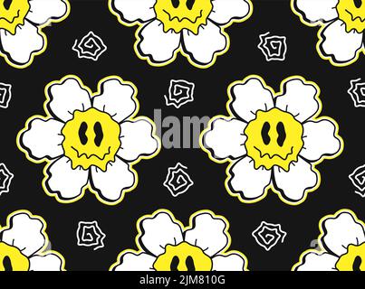 Lustige Schmelze Lächeln Blume Kamille Gesichter nahtlose pattern.Vector verrückt Cartoon Charakter illustration.Smile Techno Gesichter schmelzende Säure, tripy, Techno, Blume nahtlose Muster Tapete Druckkonzept Stock Vektor