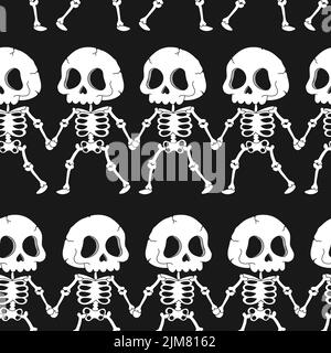 Niedliche Skelett Tanz und halten Hände nahtlose Muster. Vektor Hand gezeichnete Doodle Cartoon Figur Illustration. Trendy Skelett, Knochen, Totenkopf-Print für T-Shirt, Poster nahtlose Muster Konzept Stock Vektor