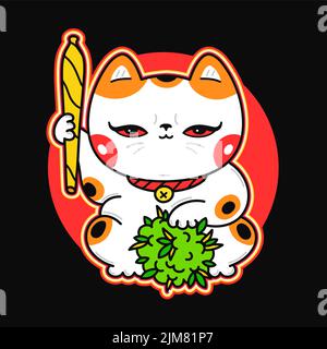 Nette lustige Kawaii asiatische Maneki-Neko Katze mit Gelenk und Unkrautknospe. Vektor Cartoon kawaii Figur Illustration Logo-Design. Katze, Unkraut, Marihuana, Rauch Cannabis, Bong-Print für T-Shirt, T-Shirt, Logo-Konzept Stock Vektor