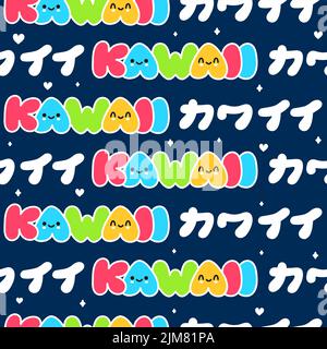 Nette lustige Kawaii japanische Wort mit Lächeln Gesicht nahtlose Muster.Vektor Linie Cartoon Figur Illustration icon.Kawaii nahtlose Muster. Kawaii Schriftzug Text, Geschenkpapier, Tapete, Lächeln Gesicht Stock Vektor
