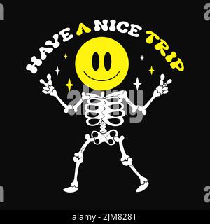 Skelett mit Smile Face T-Shirt-Print. Haben Sie ein schönes Reiseangebot. Vektor Doodle Linie Cartoon Figur Illustration. Trip, Säure, psychedelischer Druck auf Poster, T-Shirt, Logo-Konzept Stock Vektor