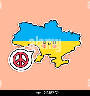 Nette glückliche lustige Ukraine Karte und Flagge Charakter mit Friedenszeichen in Sprechblase. Vektor flache Linie Cartoon kawaii Figur Illustration Symbol. Ukraine, Friedenskonzept Stock Vektor