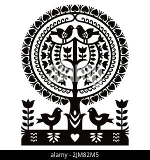 Polnische Volkskunst Vektor Muster Wycinanki Kurpiowskie - Kurpie Papercuts mit Vögeln, Baum und Blumen in schwarz auf weißem Hintergrund Stock Vektor