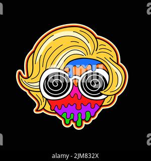 Retro Frau Dame mit Schmelze Regenbogen Gesicht drucken für t-Shirt.Vector handgezeichnete Doodle 60s.70s Stil Cartoon Charakter Illustration.Trippy Dame, Mädchen, Säure, groovig, psychedelische Konzept Stock Vektor