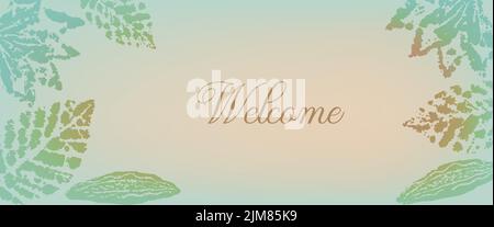 Banner Willkommen Autumn Stempel Aufdruck Blatt, horizontal. Vektorgrafik Stock Vektor