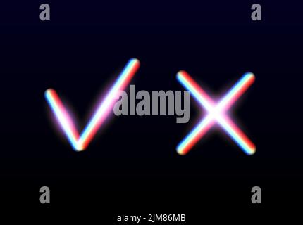 Neon leuchtet ja und keine Checkmarks. Glänzende Check- und Kreuzschilder. Stimmen Sie die leuchtenden Symbole ab, und lehnen Sie sie ab. X- und V-Embleme. Stock Vektor
